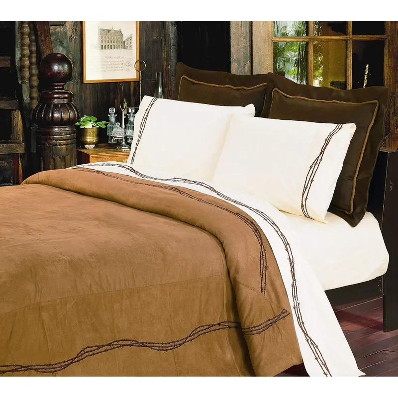 Paseo Road Barbwire Western Bedding 7 Piece Full Comforter Set Tan Faux Leather Rustic Cabin Theme Bed Set Warm Winter