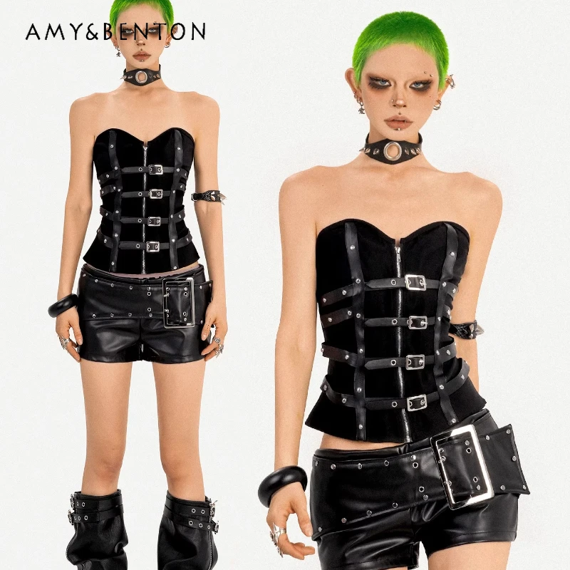 

European American Design Dark Sexy Hot Girl Leather Women's Tube Top Autumn New Gothic Subculture Fashion Slimming Vest Ladies