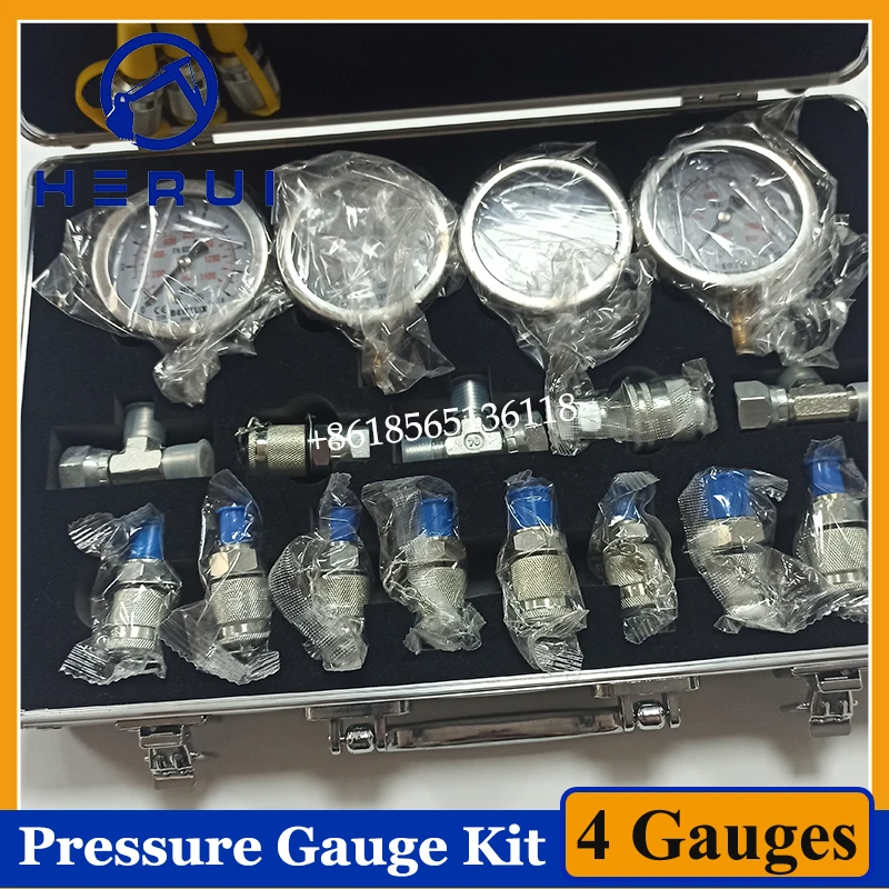 4 Gauges Hydraulic Pressure Gauge Set Hydraulic Test Kit Diagnostic Tool For Excavator Hydraulic Pressure Measurement Kit