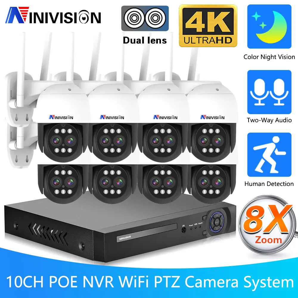 

8X Zoom 4K Wifi PTZ IP Camera With 10CH 8MP POE NVR System Color Night Vision Auto Trackin CCTV Security Surveillance Camera Kit