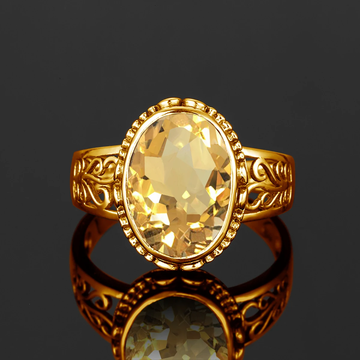 Gelbgoldener Citrin-Ring für Damen, 10*14mm oval geschliffener Stein, Art Deco Glücks-Birthstone-Schmuck, trendiges Luxus-Hochzeitsgeschenk. – Detail 2