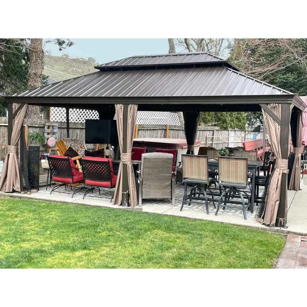 Gazebo, 12’ X 20’ Hardtop Gazebo, Outdoor Aluminum Frame Canopy With Galvanized Steel Double Roof, Outdoor Pe