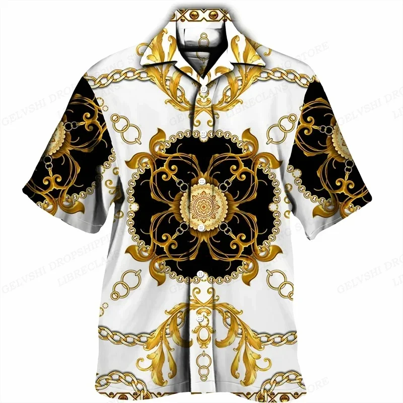 

Luxury Golden Hawaiian Shirts Lapel Camisas Men Fashion Short Sleeve Shirt Floral Blouse Turn Over Collar Single Breasted Camisa