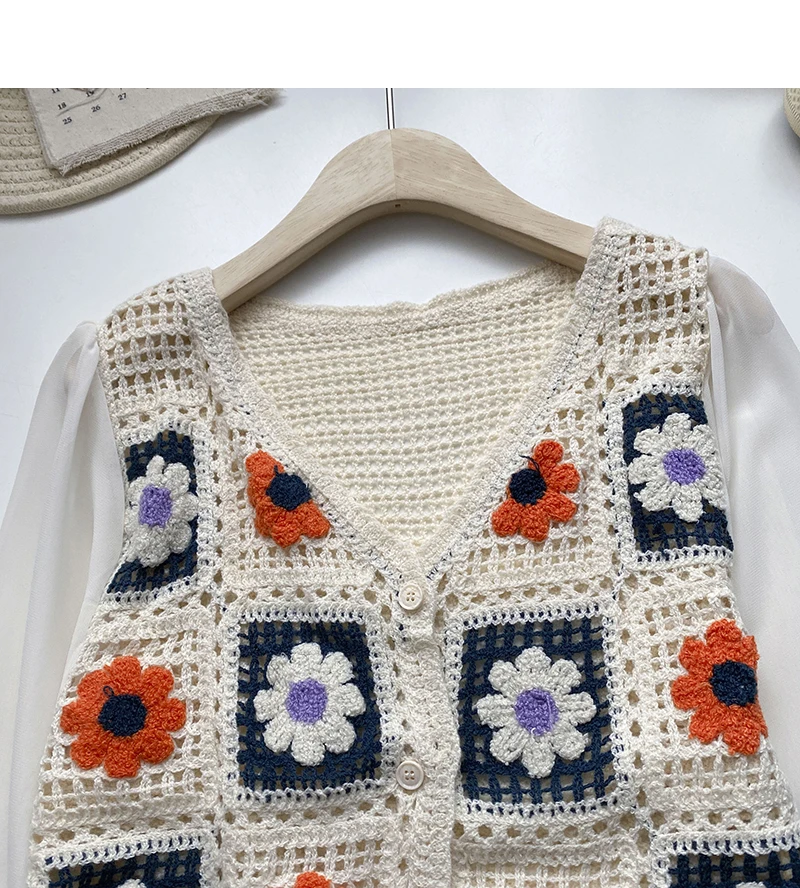 Granny Square Crochet Button-up Top Long Sleeve Sheer Open-knit Crop Cardigan for Women Teengirl Fairycore Vintage Outfit