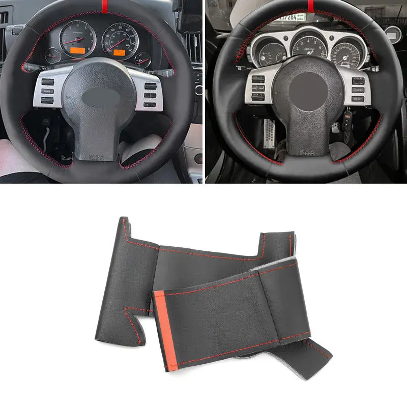 DIY Hand-stitched Microfiber Leather Red Line Strip Car Steering Wheel Protective Cover For Nissan 350Z 2003 2004 2005 - 2009