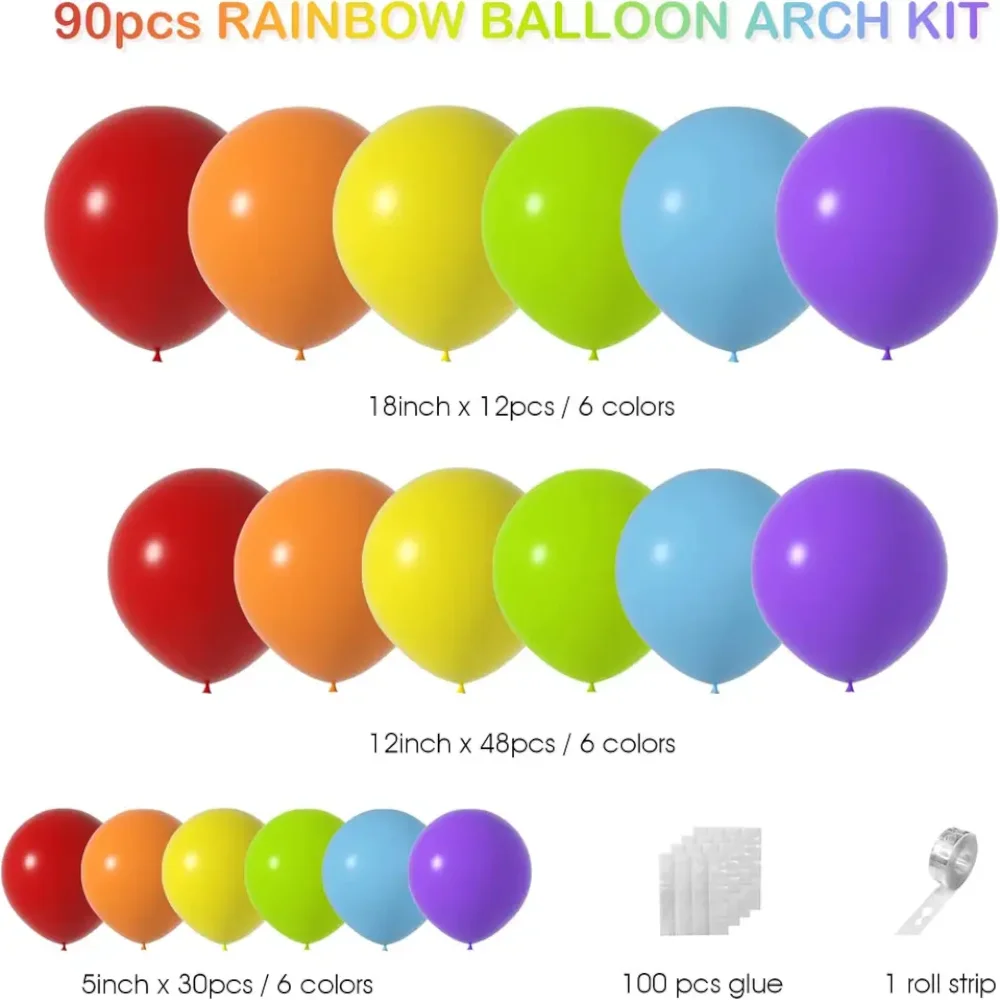 90Pcs Colorful Rainbow Balloon Garland Latex Balloons Party Decorations for Birthday Baby Shower Wedding