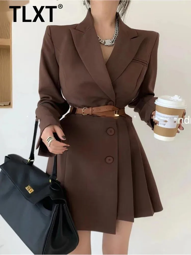 

TLXT Temperament Fashion Designer Pleated Blazers Dresses Women 2024 Spring Autumn Waist Retraction Blazer Dress Female XK1097