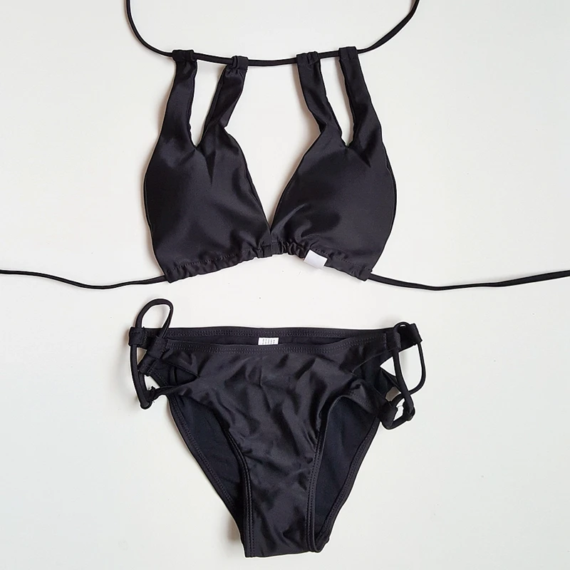 Bikini de cuello alto, traje de baño ahuecado, conjunto de Bikini Sexy para mujer, traje de baño negro secreto, traje de baño de playa para mujer, Bikini