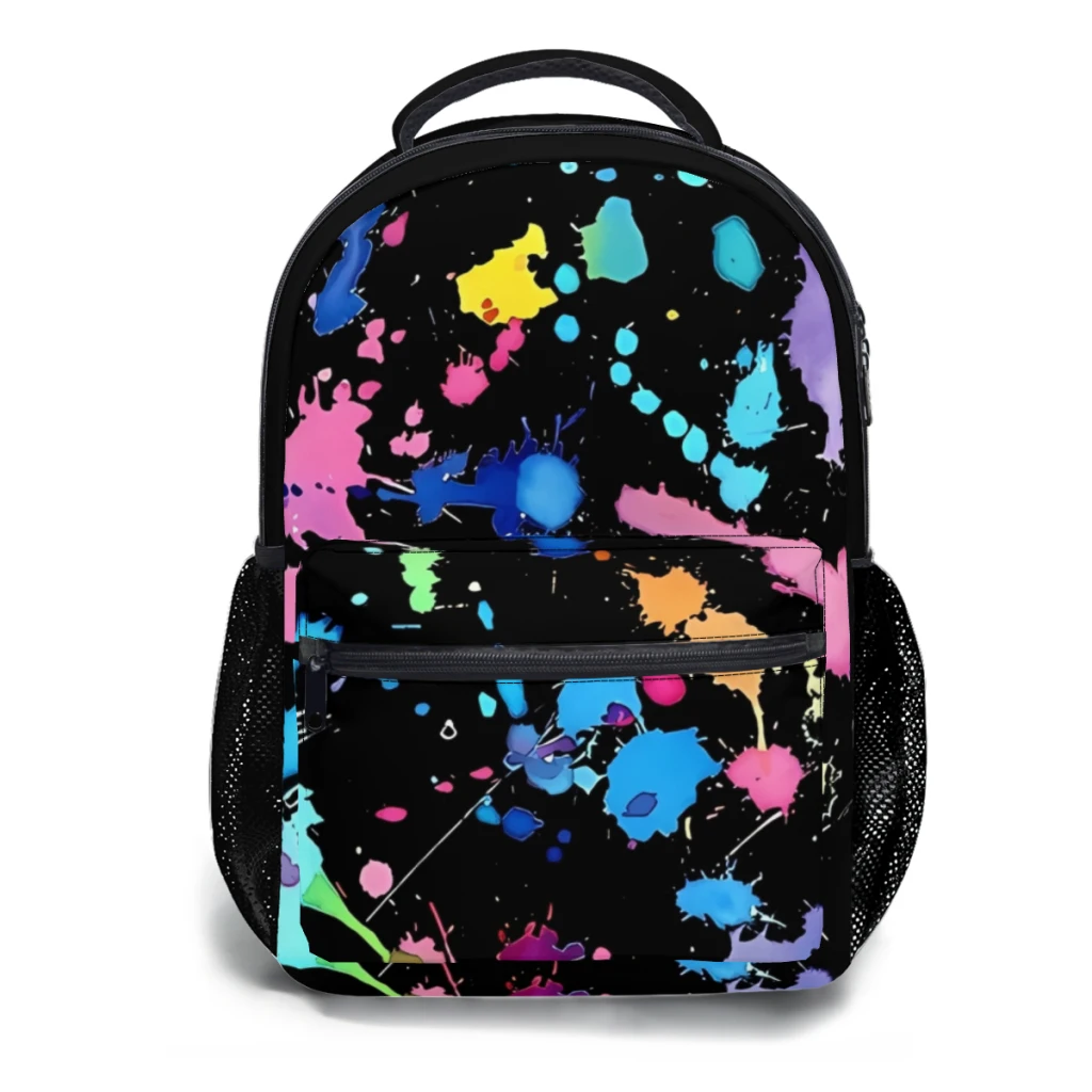 Sac à dos universitaire étanche de grande capacité pour filles, éclaboussures de peinture de fond noir, nouvelle mode féminine, 17 pouces ﻿ ﻿