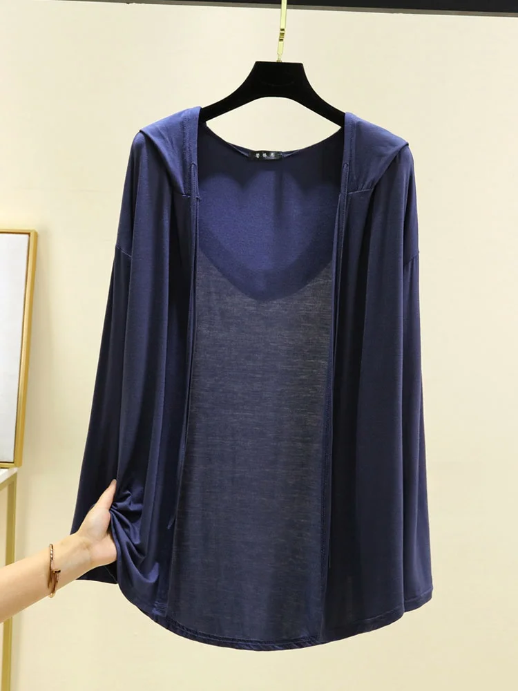 

Tagkita Women's Modal Hooded Open Cardigan Summer Thin Long Sve Loose Sun Protection Pure Color Top Coat Casual Wear