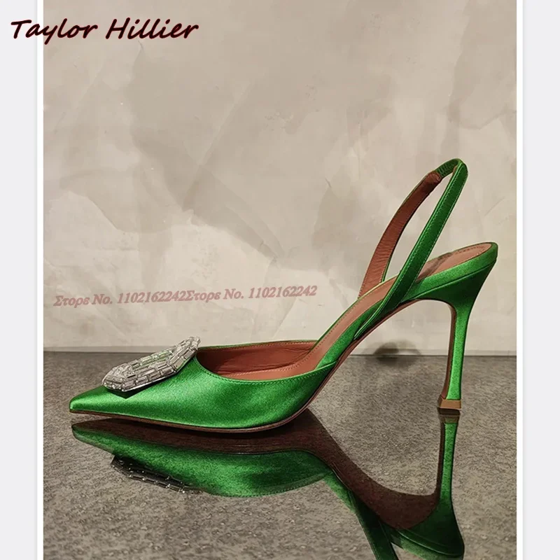 Oval Rhinestone Buckle Pumps Sandals Pointed Toe Low Heel Slingback High Heels Sexy Elegant Party Luxury Dress Women\'S Shoes