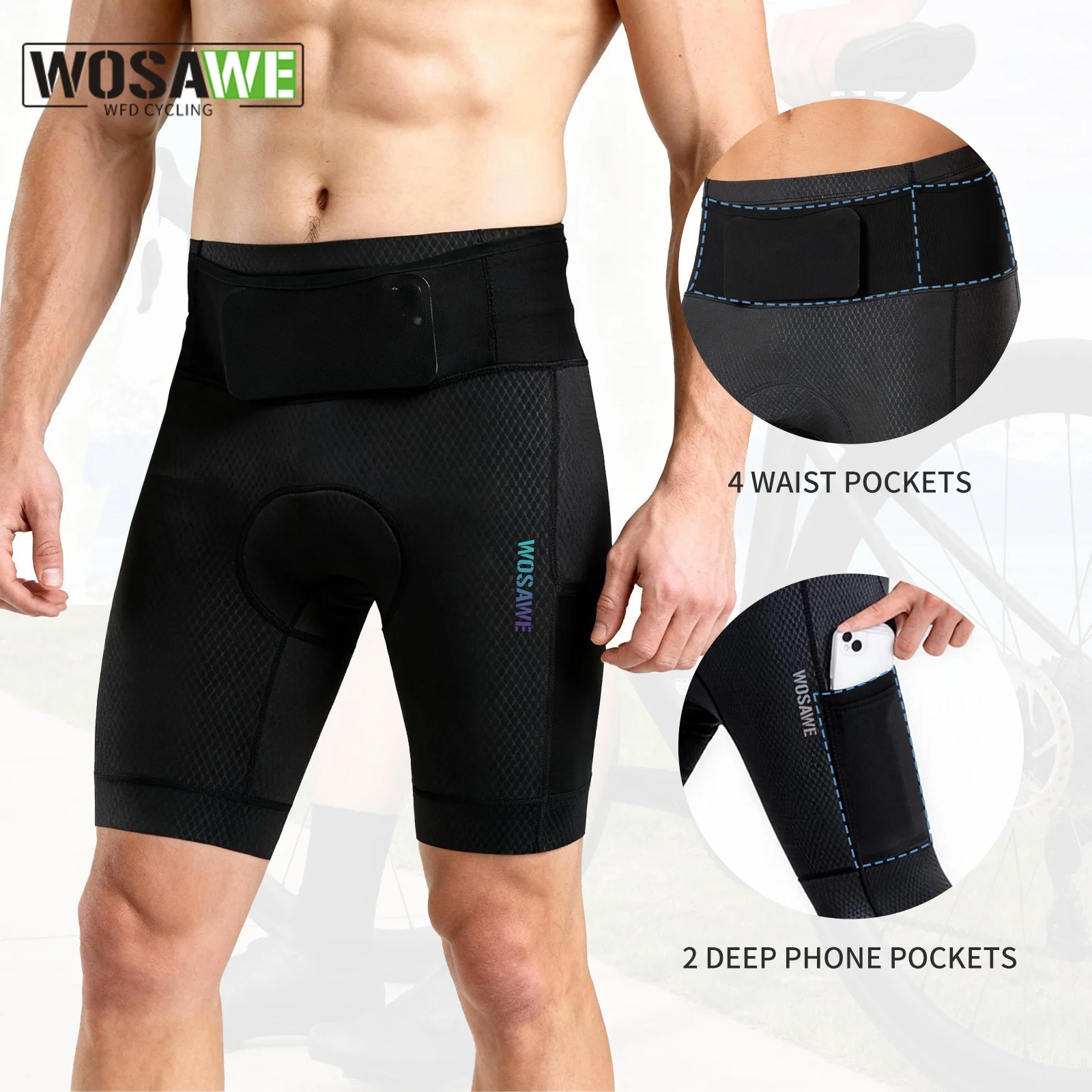 

WOSAWE Men's Performance Cycling Shorts with 3D Pad Road and Mountain Breathable Quick-Dry with 6 Pockets Bike Shorts