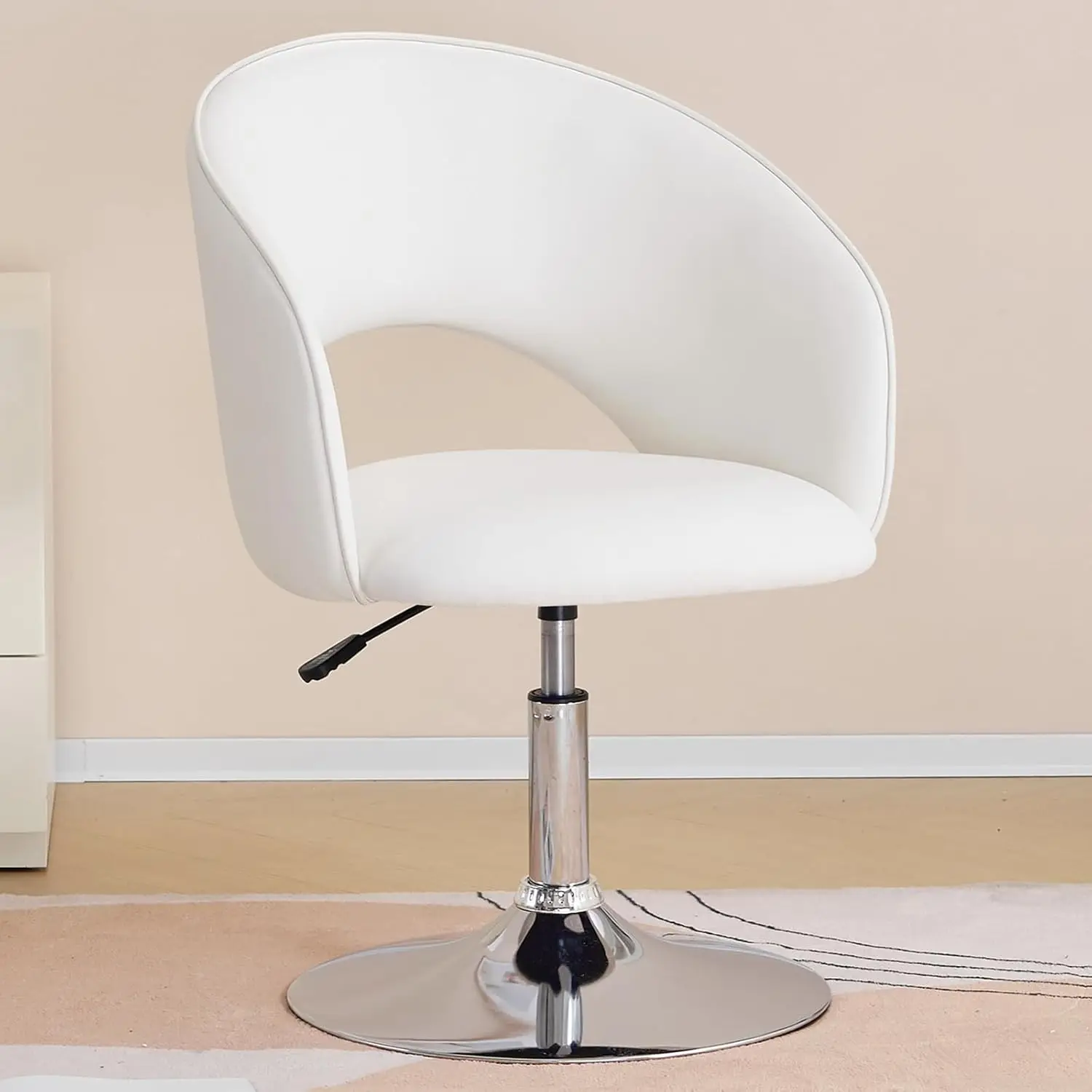 

Vanity Chair White Leather Vanity Stool, Height Adjustable Accent Chair with Back, Round Swivel Makeup Chair