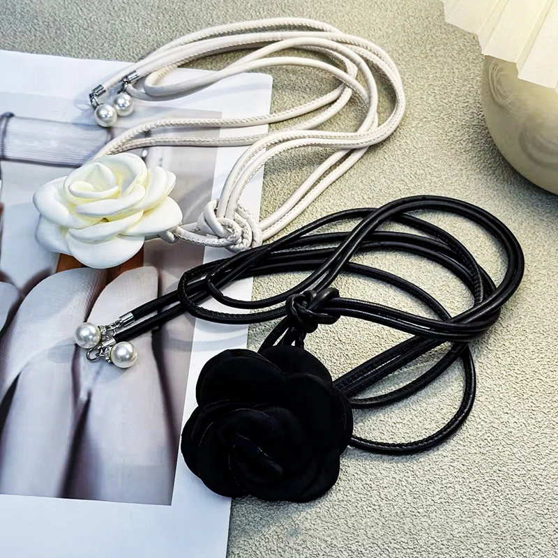 Кожаная веревка с цветком камелии, поясная цепочка для женщин, тонкий пояс, пояс с милым узлом, модная одежда, платье, декоративные пояса, ремень