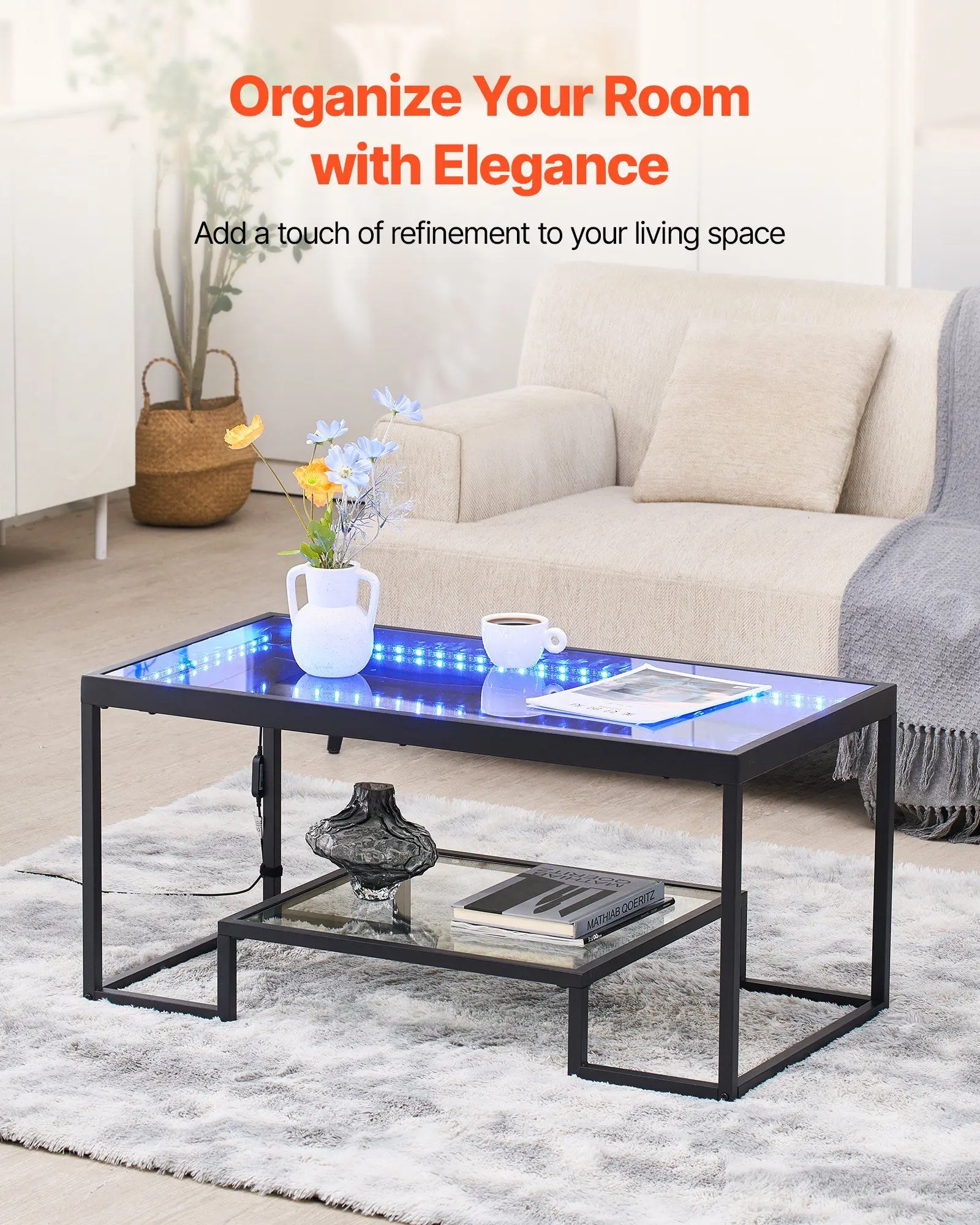 Coffee Table, Modern Tempered Glass Coffee Table with Lighting, 2 Tiers Rectangle Glass Center Desk with Open Storage, Minimalist Metal Accent End Desk for Living Room, Office, Easy Assembly
