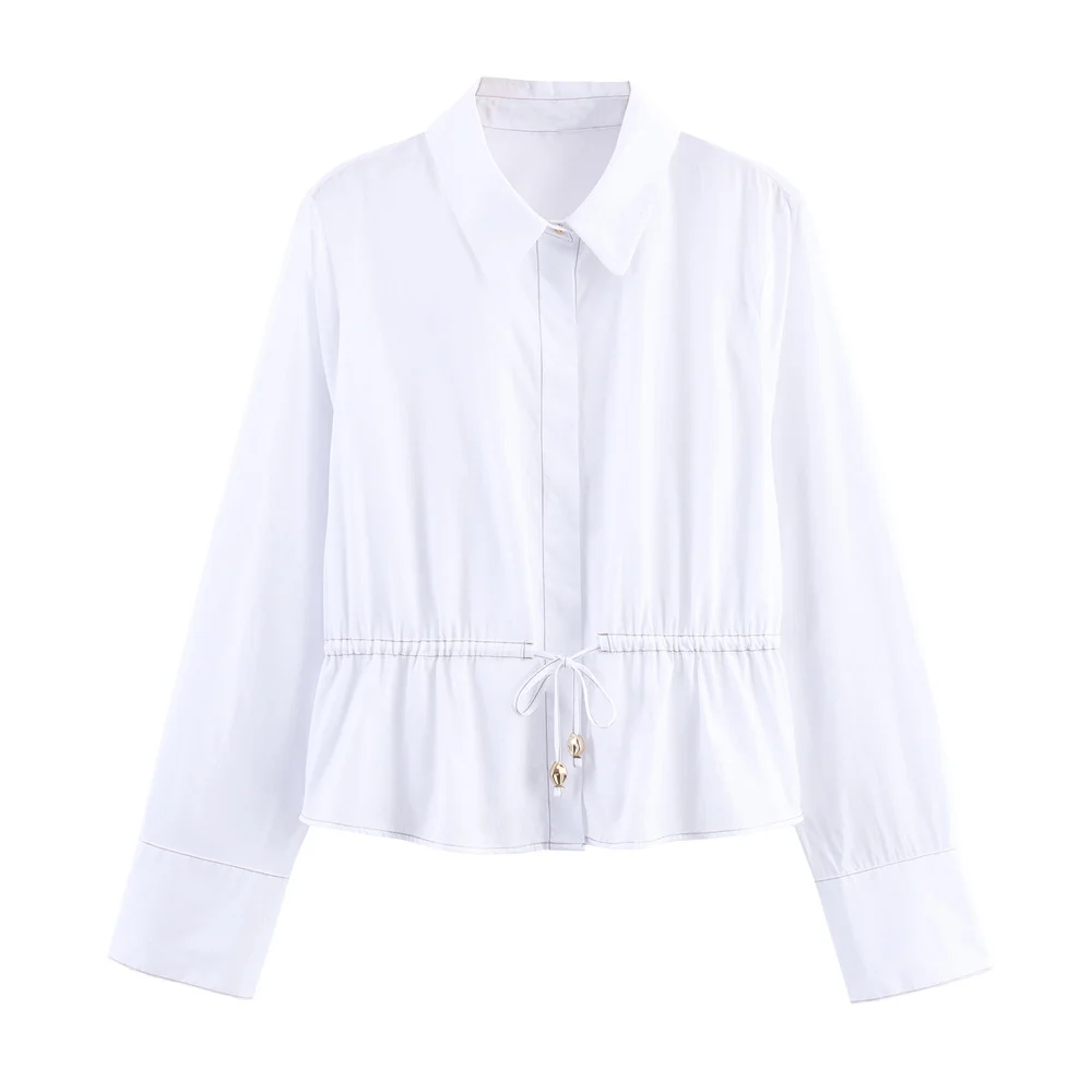 

European and American style women's solid color lapel long sleeved white shirt with cinched waist and drawstring casual top