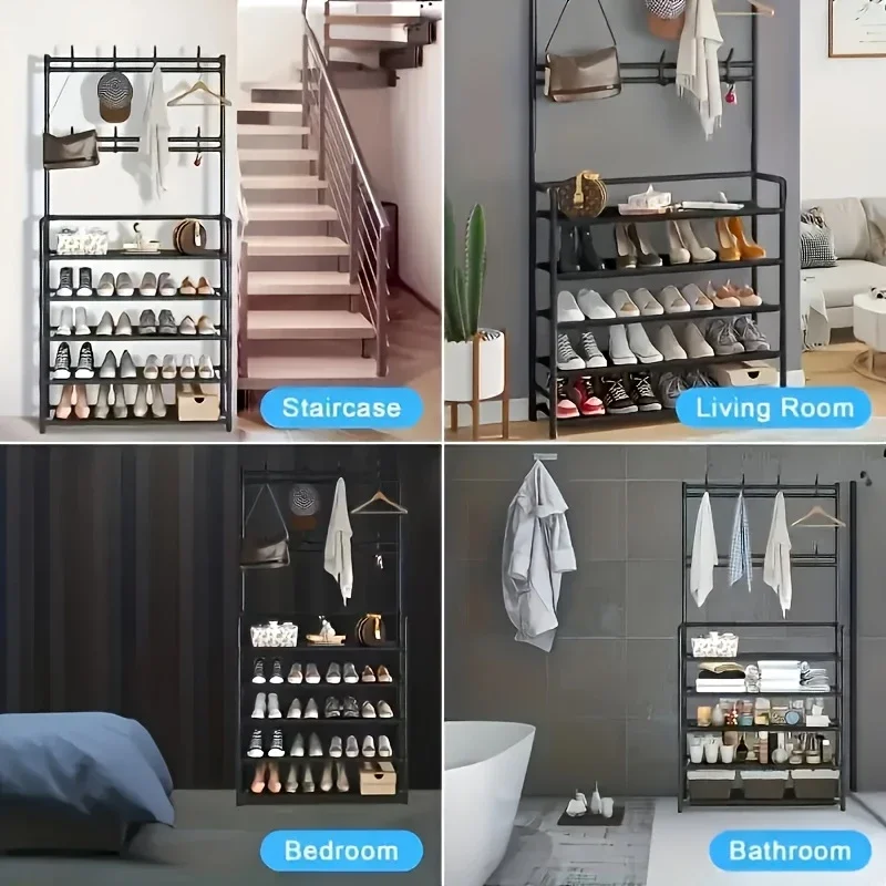 ชั้นวางรองเท้าโลหะที่ถอดออกได้ 3/4/5 ชั้นพร้อมตะขอคู่ 8 ชั้นหลายชั้นพื้นที่จัดเก็บอิสระสําหรับบ้านอพาร์ทเมนท์이