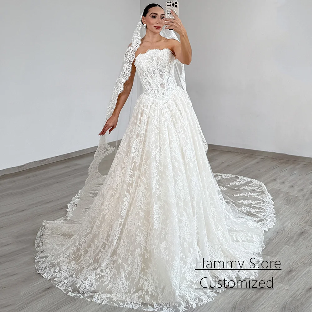 

Luxury Lace Wedding Dress Vestido De Noiva Customized Strapless Sleeveless Sequined Applique Arabian Corset Bridal Gowns