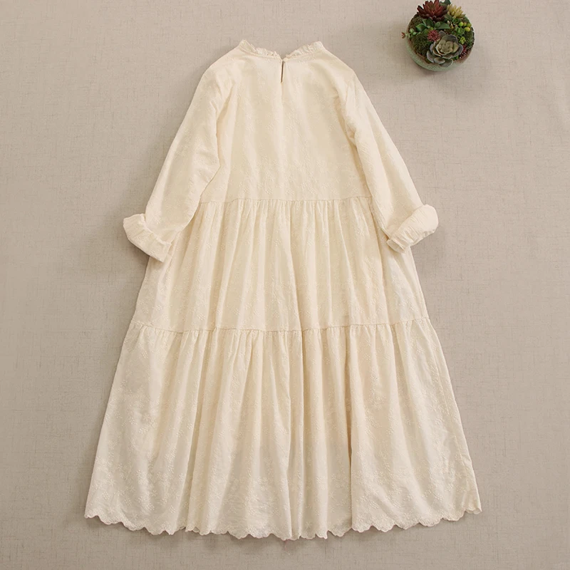 Japanese Mori Girl Sweet Lolita Embroidery Loose Dress Women Autumn Stand Collar Long Sleeve Double Layer Casual Midi Dresses