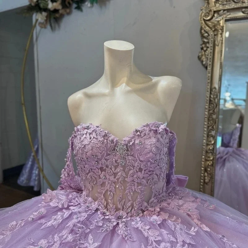 Apliques florales de lujo vestido para quinceañeras lila con hombros descubiertos princesa encaje lazo cuentas Vestidos Quinceañera 2025 Modernos personalizados