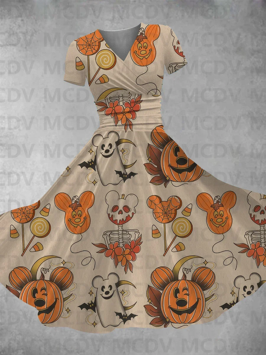 Women's Vintage Halloween Print Maxi Dress Sexy V-neck Dress Female Dresses