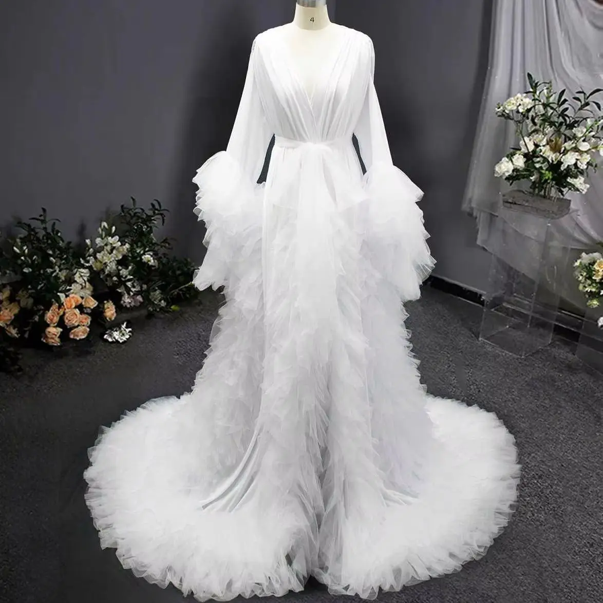 

Spandex Photography Evening Dresses Elastic Ruffle Prom Gowns Full Sleeves Party Tiered Pregnant Women's Long Robes Customized