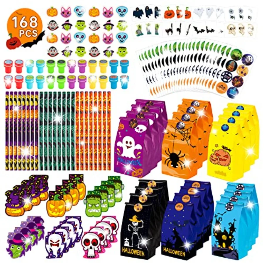 

168PCS Halloween Party Favor Goodie Bag Bulk for,Halloween Stationery Set, Trick or Treat Toys including Pencil, Eraser, Notepa