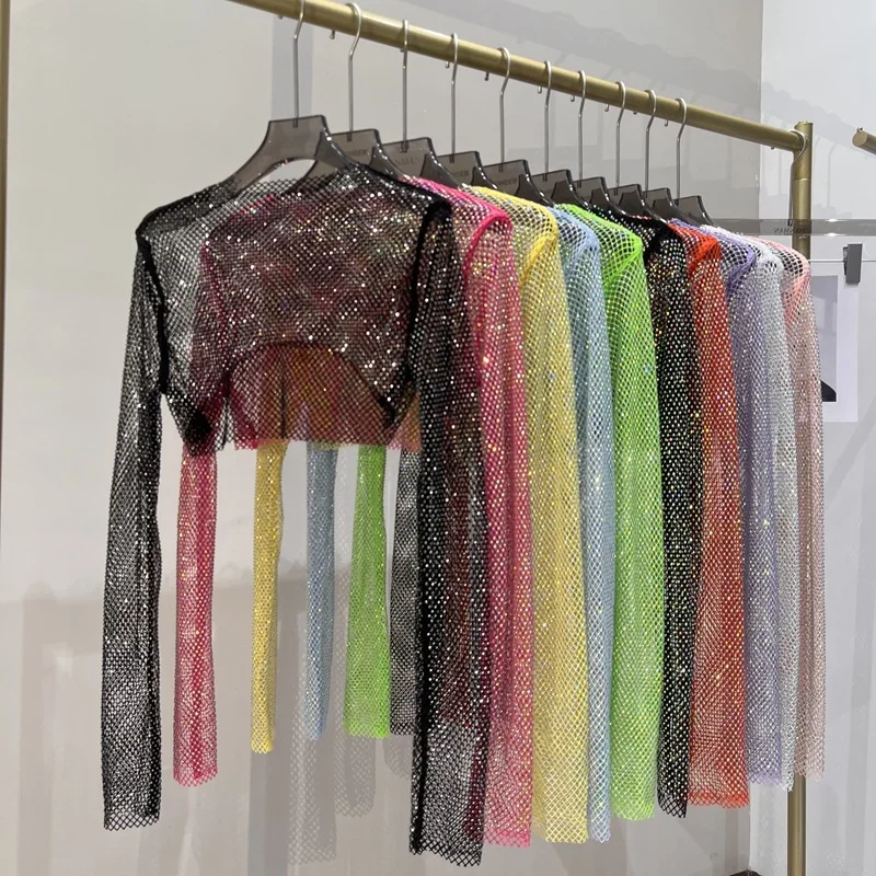 2025 New Sexy Bright Diamond Short Top Slim Thin Ms. Hot Drill Long-sleeved T-shirt Sexy Leak Waist Nightclub