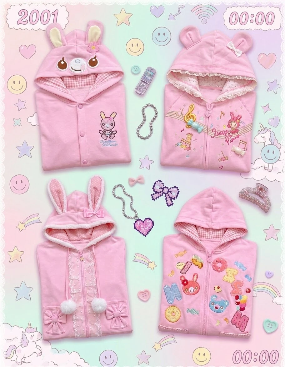Sweet Kawaii Rabbit Ear Hooded Jacket Women Japanese Embroidery Design Y2K Harajuku Subculture Daily Outer Coat Ropa Mujer