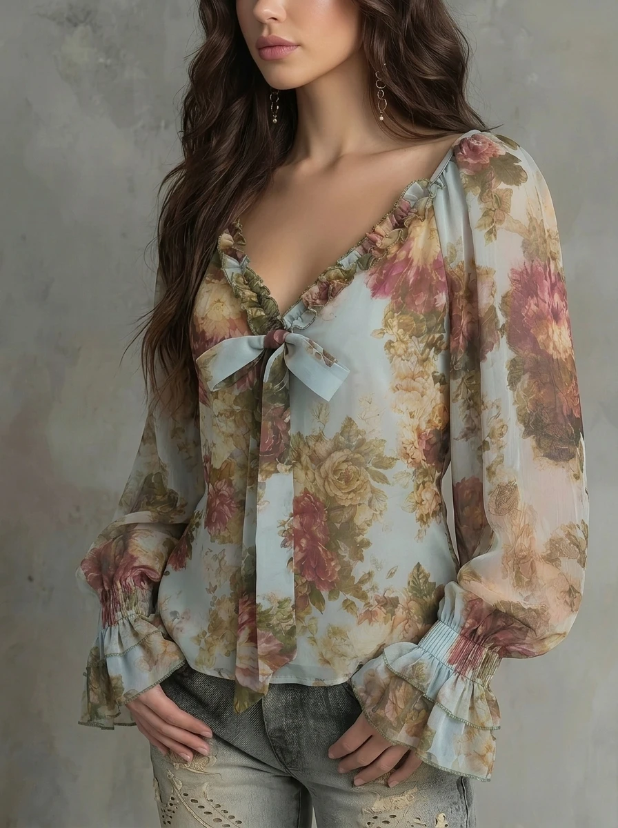 Damen Vintage Blumenmuster V-Ausschnitt Bluse mit Glockenärmeln Chiffon-Top Elegante Retro-Mode – Detail 4
