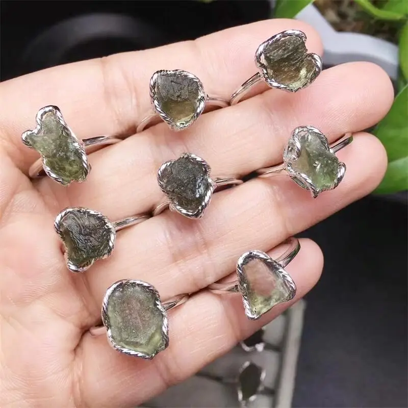 S925 Natural Czech Meteorite Ring Healing Crystal Quartz Stone Adjustable Finger Rings Fashion Women Jewelry Gift 1pcs