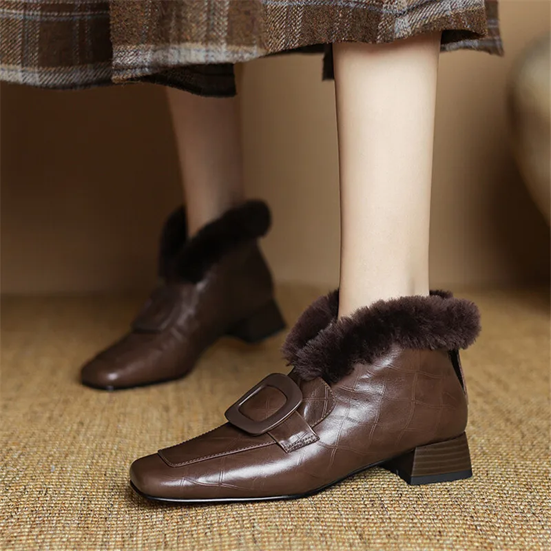 New Winter Genuine Leather Women Boots Shoes for Women Ankle Boot Square Toe Women Shoes Botines Mujer Low Heels Warm Wool Boot