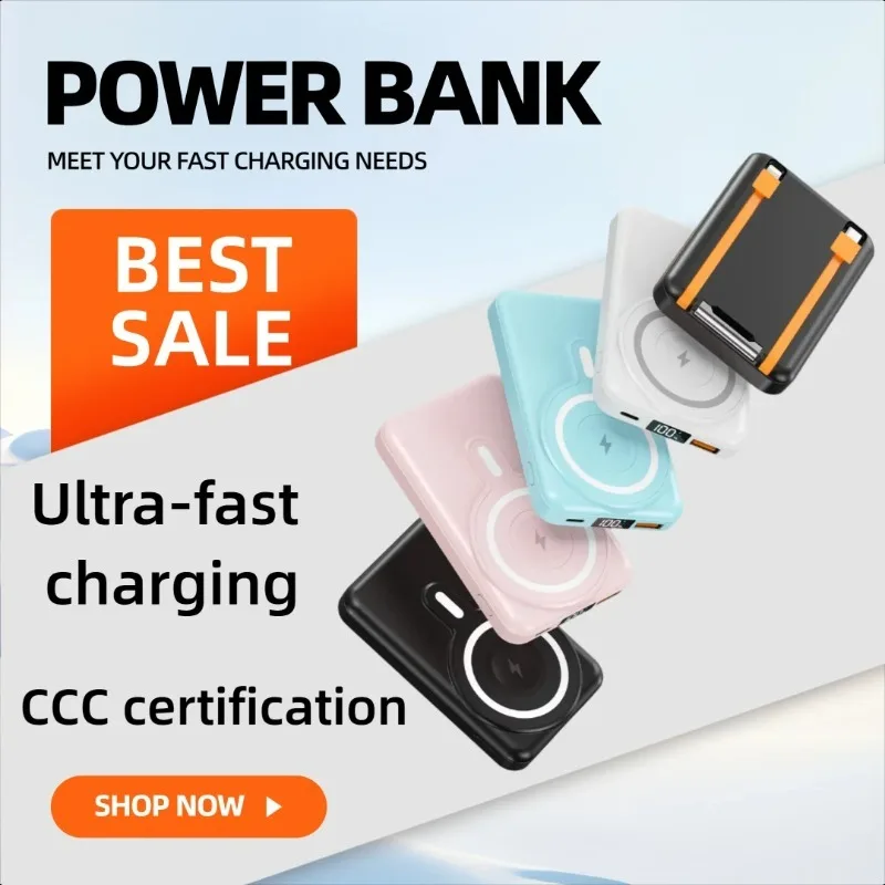 

Magnetic Wireless Power Bank with 10000mAh Built in Dual Line Large Capacity Compact and Portable Mobile Power Supply