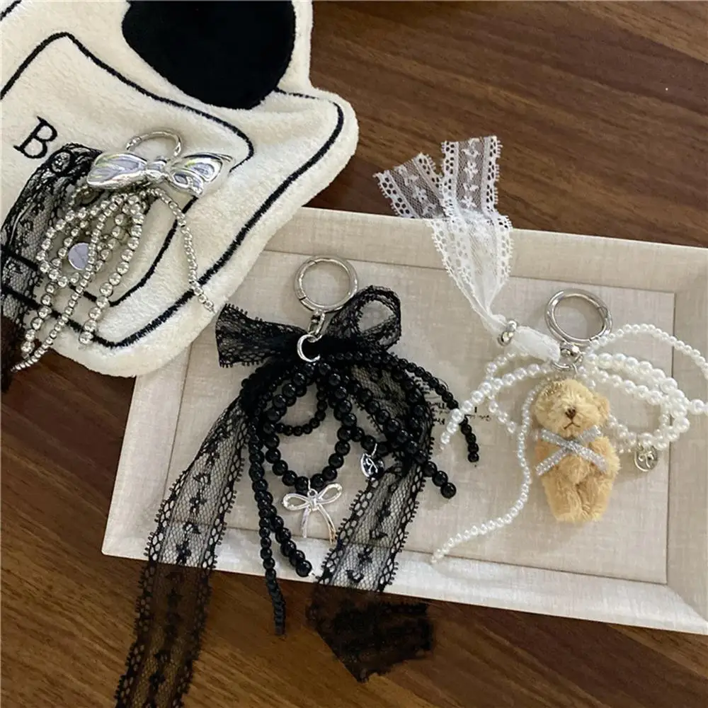 Phone Charm Strap Pendant Sweet Lace Bow Beaded Bow Keychain Car Key Accessories Shoes Camera Bag Decoration Pearl Beaded 2024