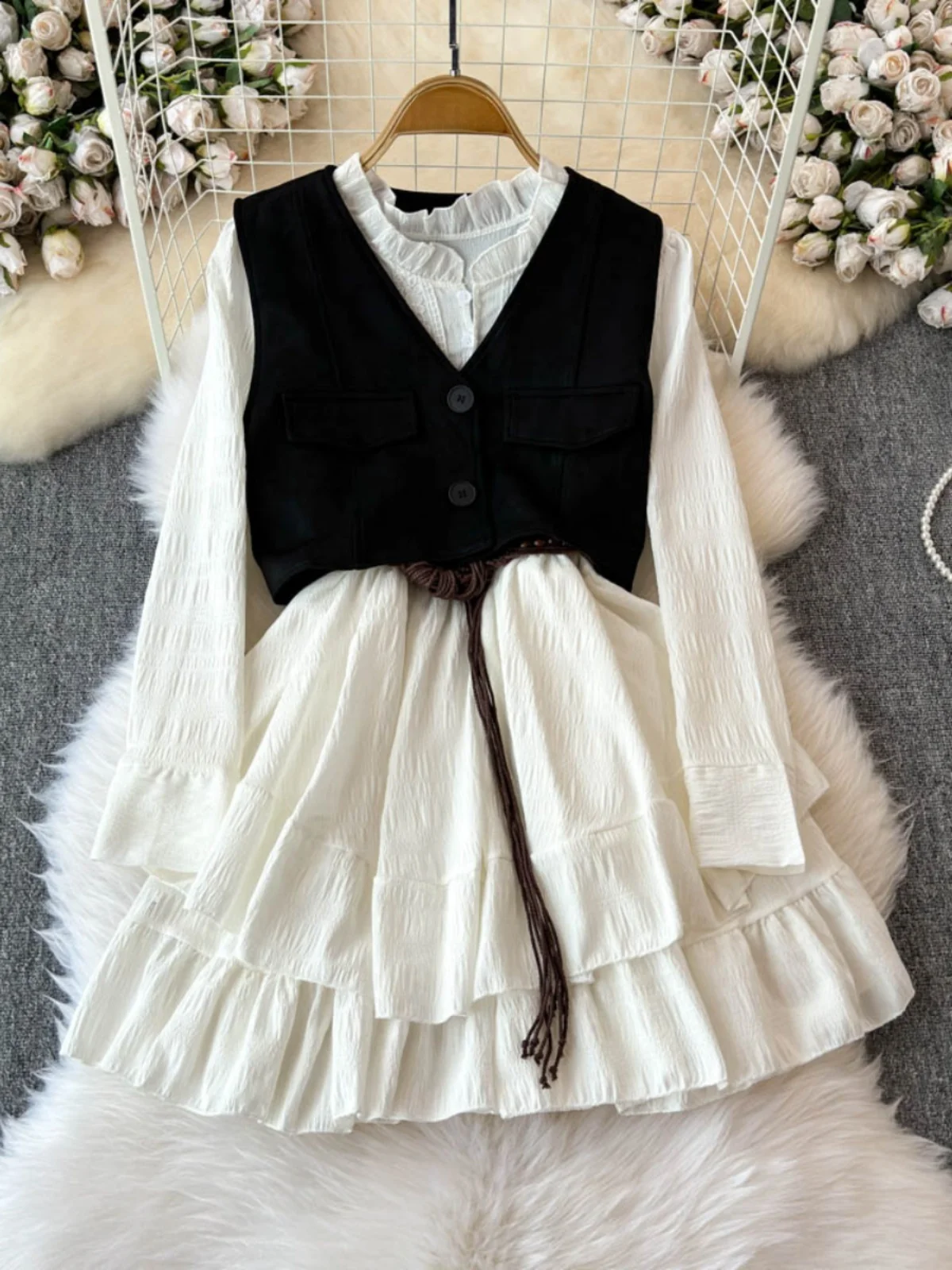 

Ele Long Sve Dr Set, женский комплект Faion 2024, осенний новый дизайн, антивозрастной жилет небольшого размера, комплект из двух предметов, круглая пуговица