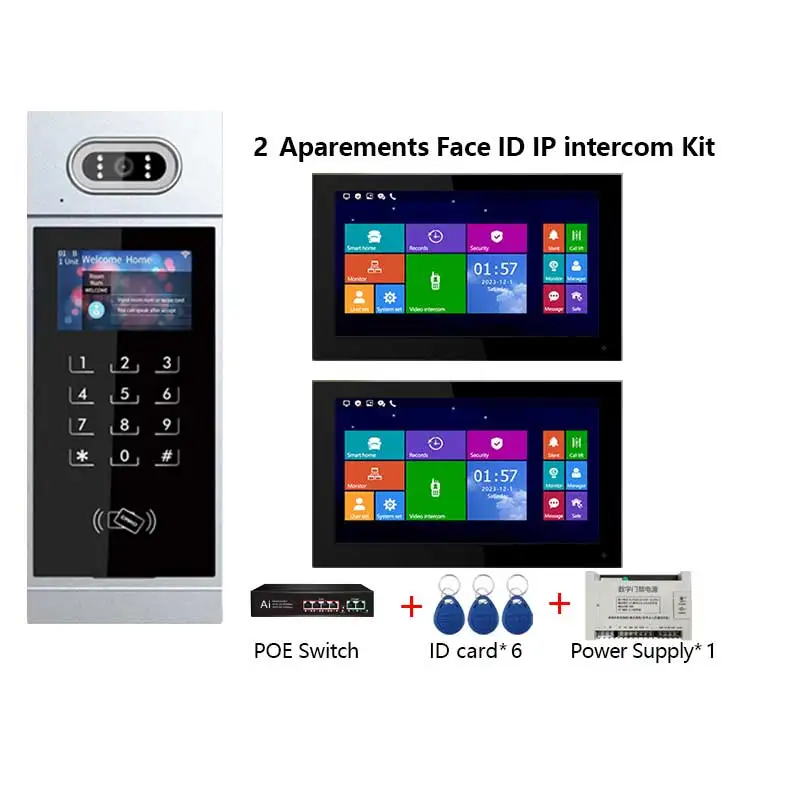 얼굴 인식 IP 비디오 인터콤, 2개 아파트용 유선 비디오 도어폰 시스템