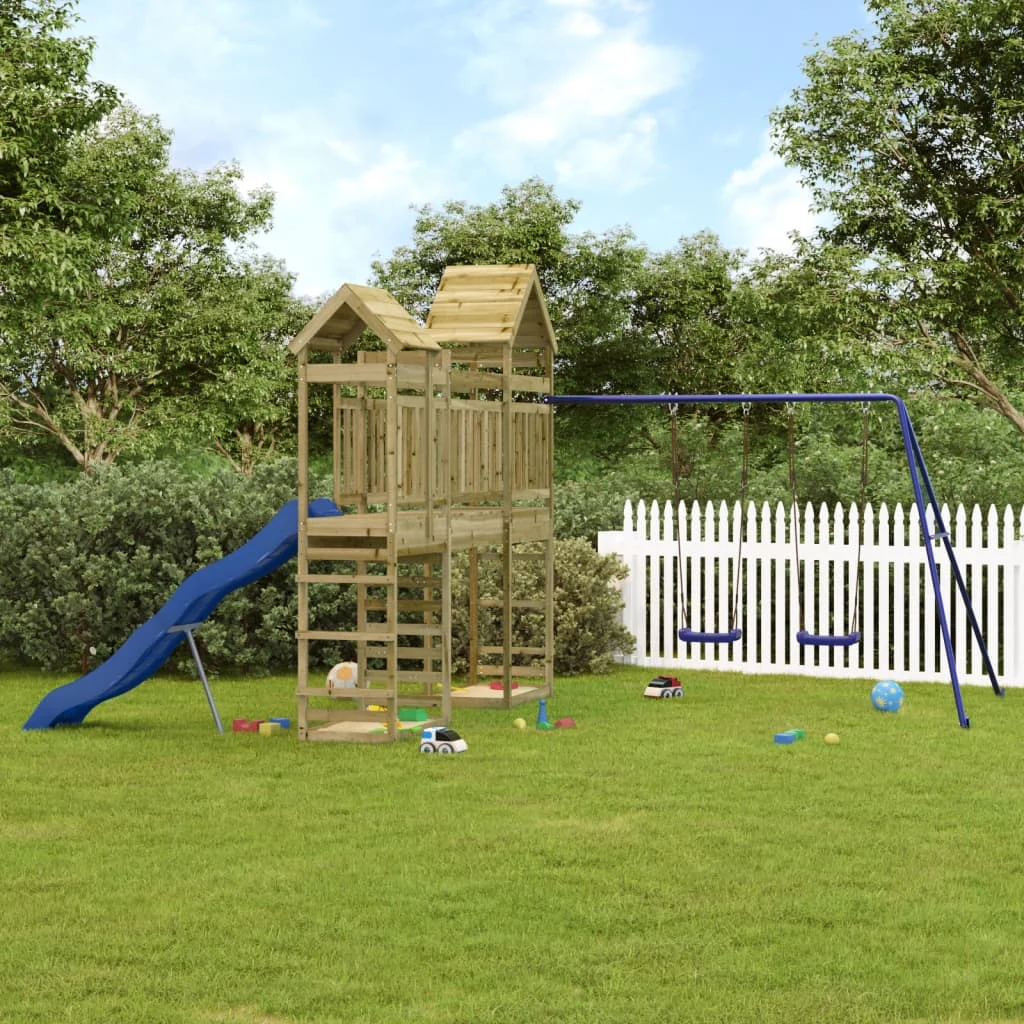 Structure de jeu en bois d'extérieur pour enfants – Aire de jeux multi-activités en bois massif avec plateforme surélevée, toboggan ondulé, double balançoire et auvent de sécurité
