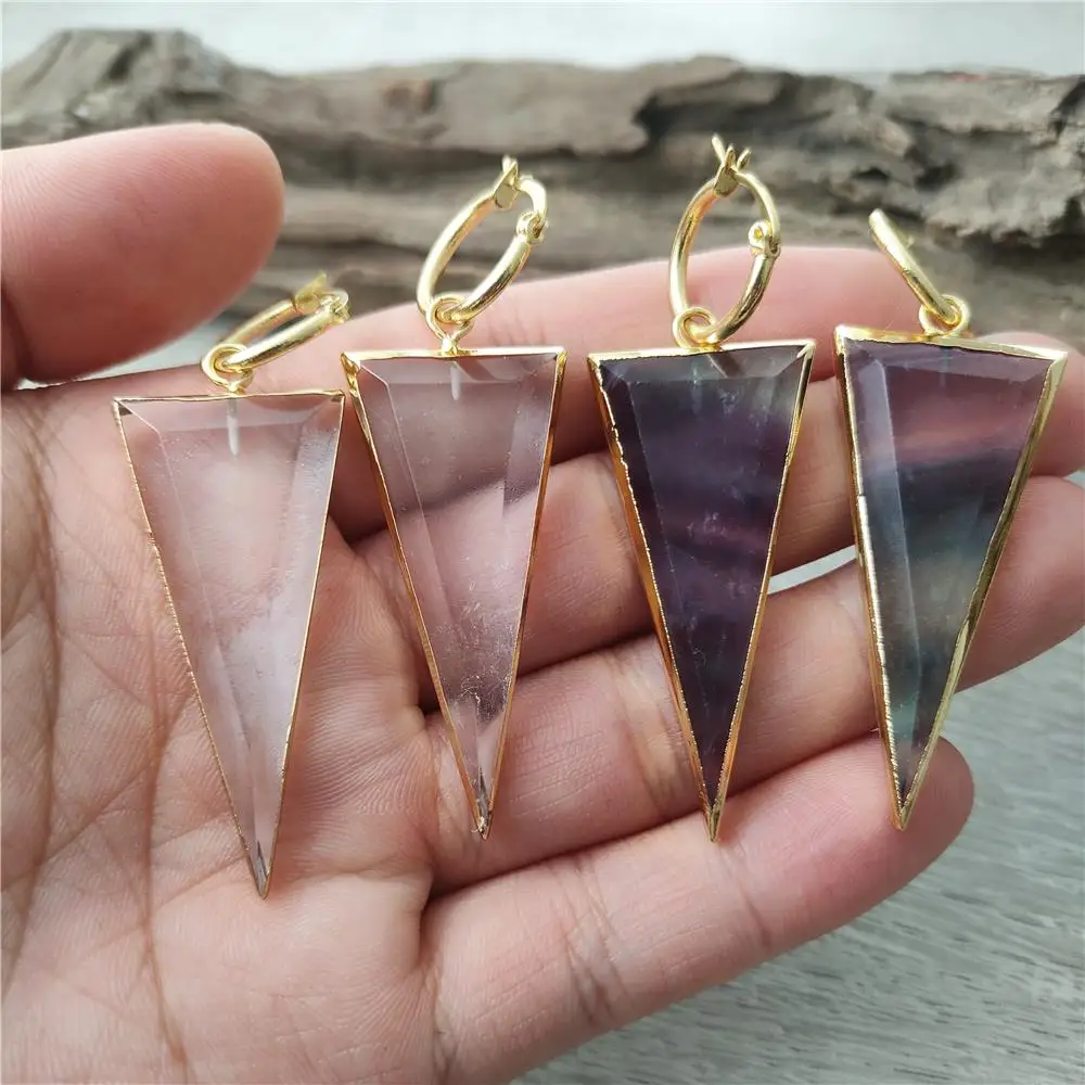 FUWO Whoelsale Gemstones Triangle Shaped Earrings,Golden Plated Handmade Fluorite/Crystal Point Ear Hoop Jewelry ER430M 5Pairs