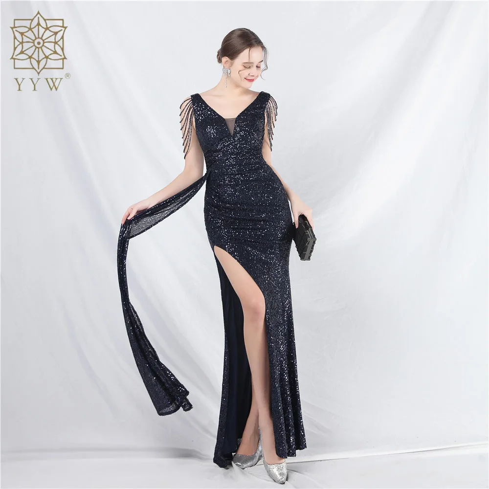 Elegante V-Ausschnitt Meerjungfrau Abendkleid lange Luxus Perlen Frauen Abend Party Kleider neue formelle Kleid Pailletten schlanke Seitens chlitz