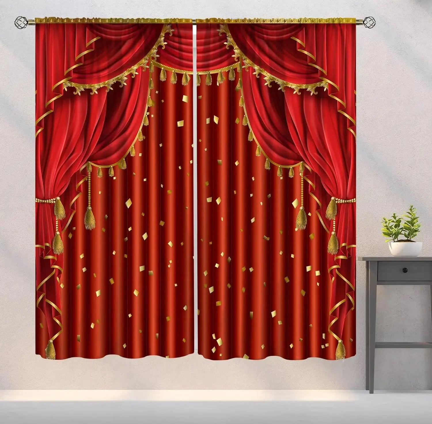 Movie Theater Curtains, Red Gold Vintage Elegant Theater Art Printed Window Drapes for Bedroom and Living Room, 2 Panels