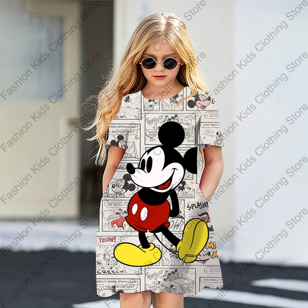 MINISO Girls Summer Dress Fashion Cartoon Cute Mickey Mouse Print Women Dresses Girls Short Sleeve Princess Dress Girls Clothing