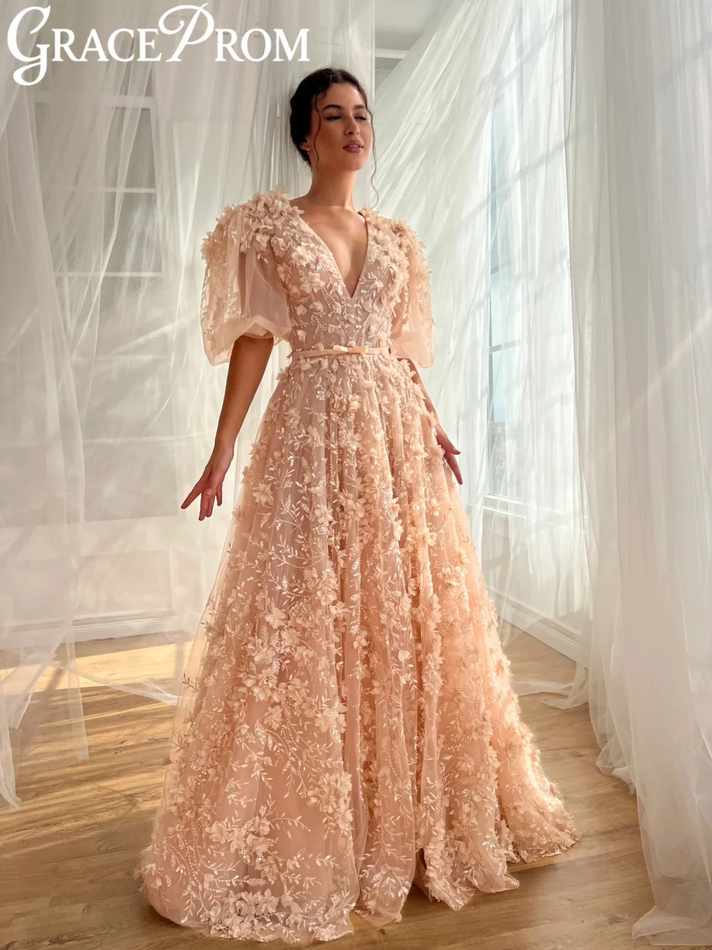 

Персиковое очаровательное вечернее платье из бисера с 3D цветочным v-образным вырезом и коротким рукавом, свадебное платье, длинные платья для выпускного вечера трапециевидной формы по индивидуальному заказу
