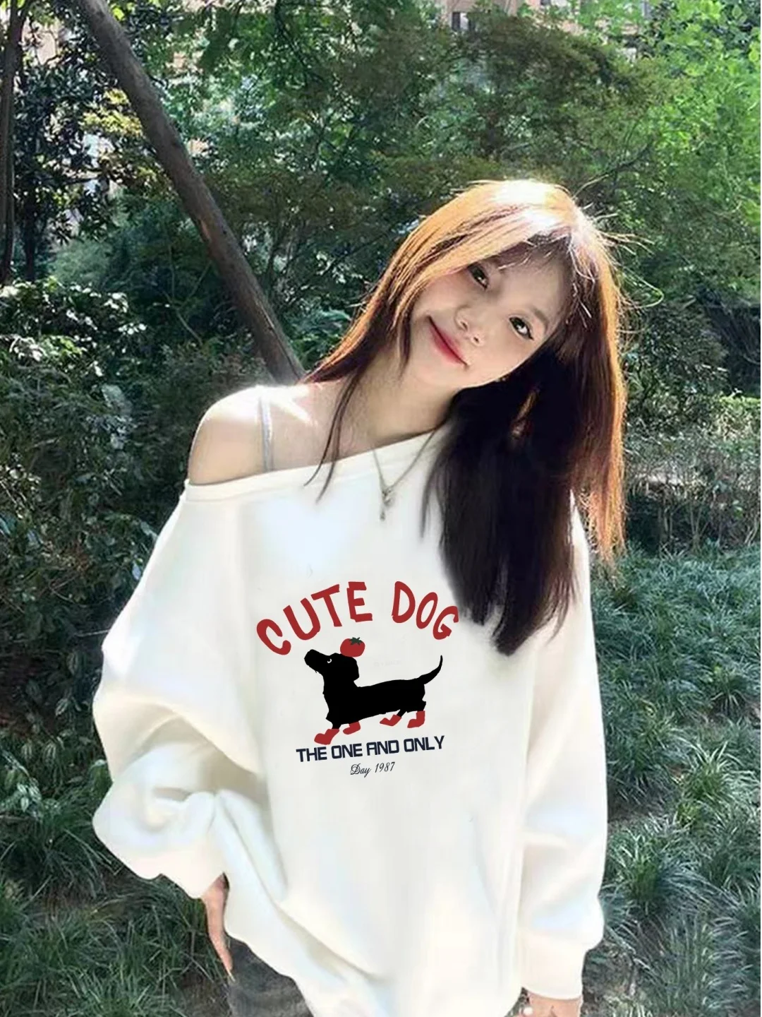 Sweet Cute Cartoon Dog Print Long Sve Sweatirt Light Beige oulder Design Comfortable Loose Fit Korean Sle Women's irt