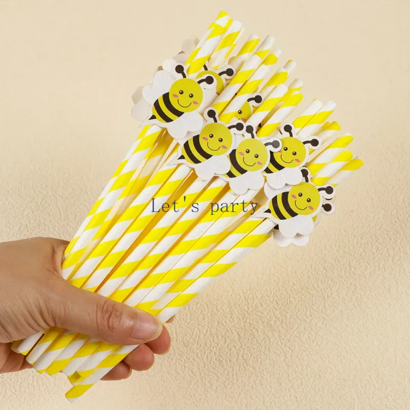 20Pcs Sweet Bee Theme Disposable Paper Straws Bar Drinking Straw Tableware for Kids Birthday Baby Shower Party Decorations