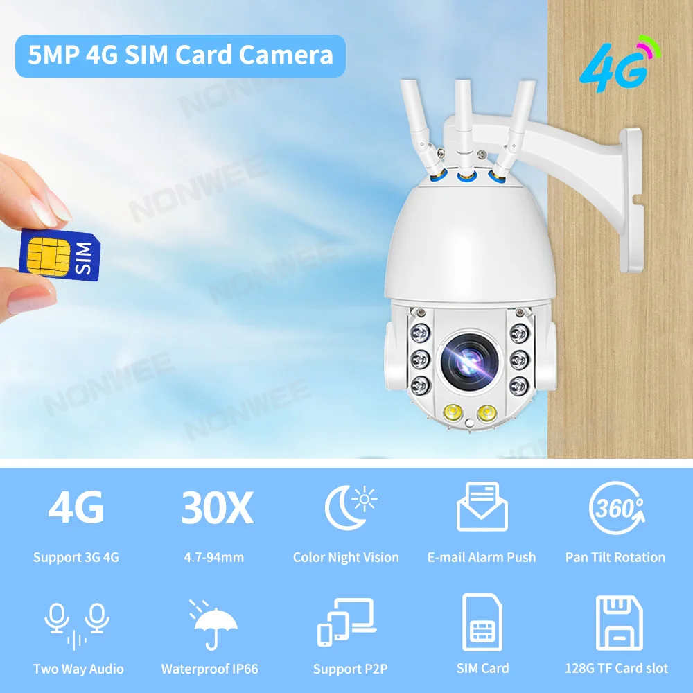 5MP 30X Optical Zoom 4G Sim Card IP Camera Outdoor PTZ 1080P HD CCTV Security Camera Video Surveillance Remote View IP66 Camhi