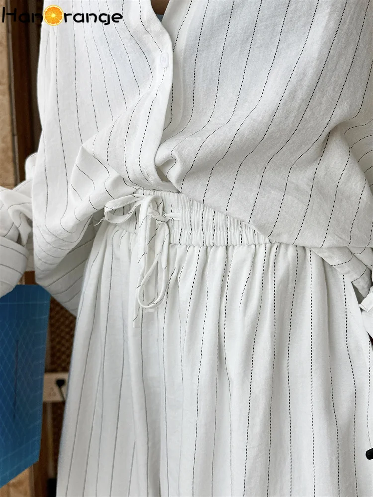 HanOrange 2026 Summer Linen Stripe Pants Set Women Loose Shirt + Trousers 2pcs Sets White/Green - view 6