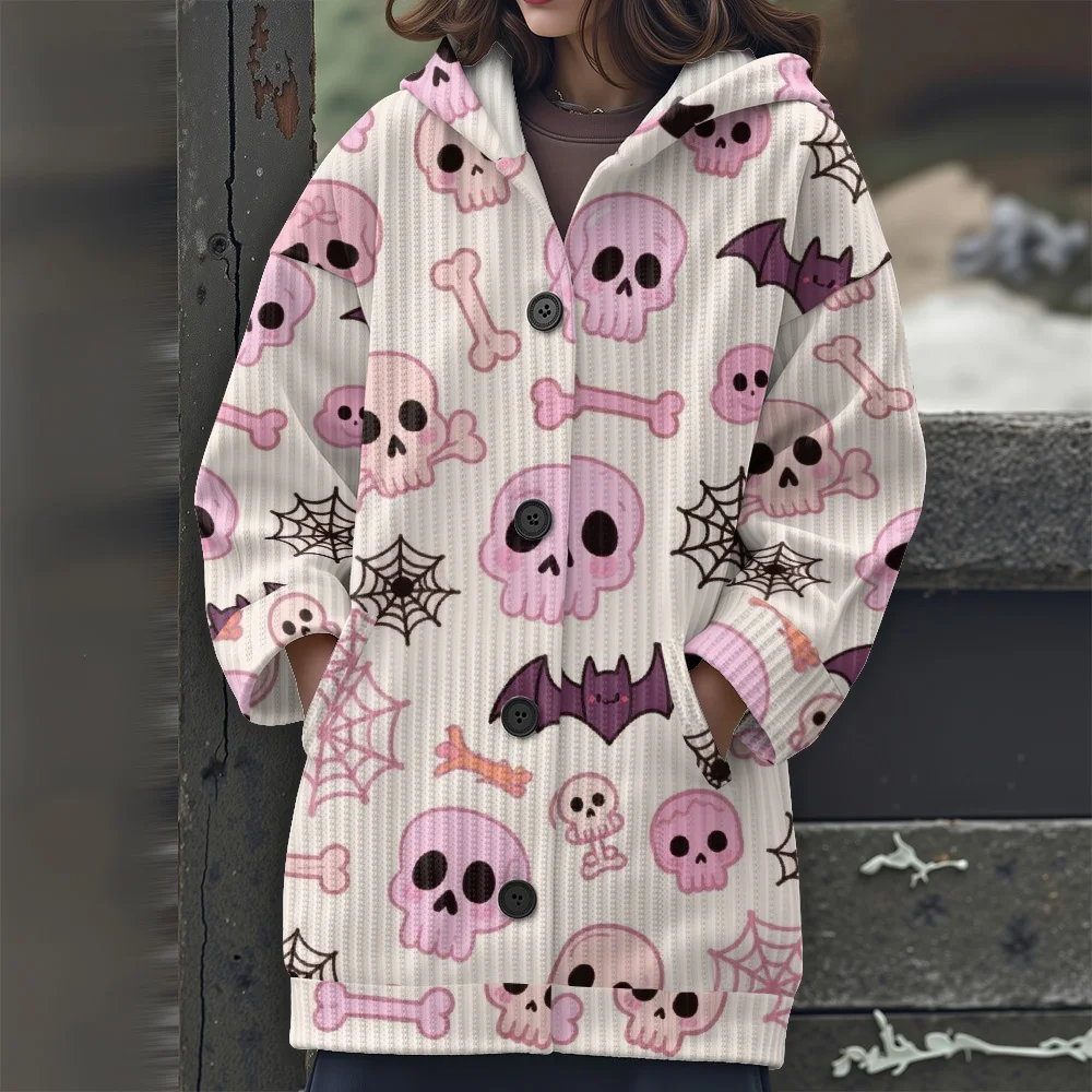 เสื้อสเวตเตอร์ลายฮาโลวีน เสื้อสเวตเตอร์ตัวยาว เสื้อผ้าลำลอง 2025 เสื้อสเวตเตอร์ลำลองผู้หญิงแบบใหม่ เสื้อสเวตเตอร์มีฮู้ดสำหรับงานเทศกาลและปาร์ตี้