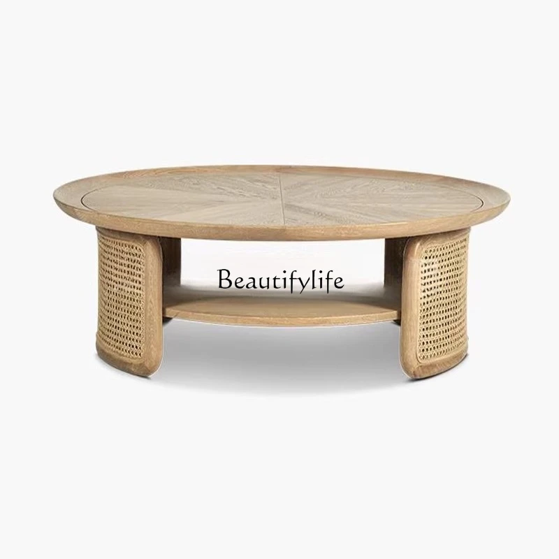 

Modern simple original oak rattan rattan round coffee table Nordic creative solid wood rattan tea table