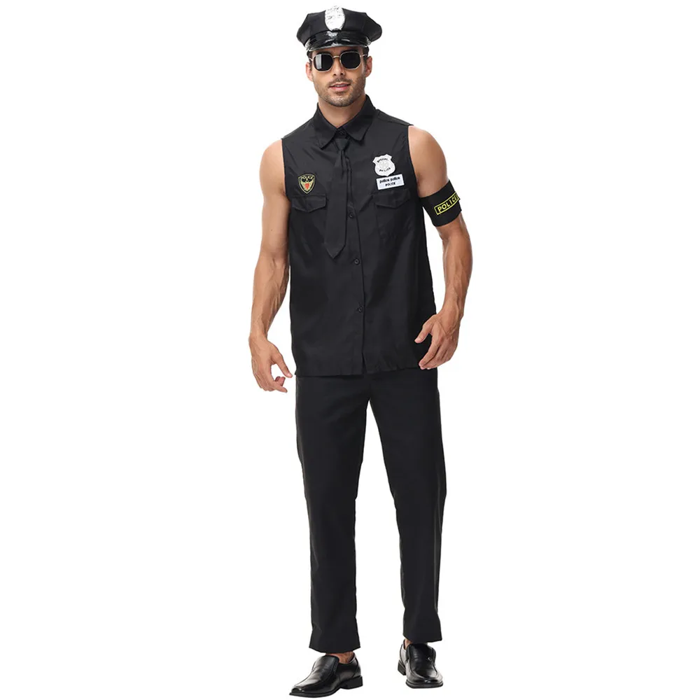 Black Men Police Uniform Cosplay Halloween Policemen Costumes Carnival Purim Stage Showing Masquerade Role Play Bar Party Dress