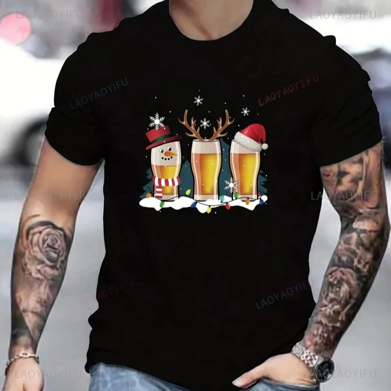 Men's Festive Christmas Tee Casual Short Sleeve Snowflake Men T-Shirt Beer Short Sleeve TeeS Funny Harajuku T-Shirts Streetwear